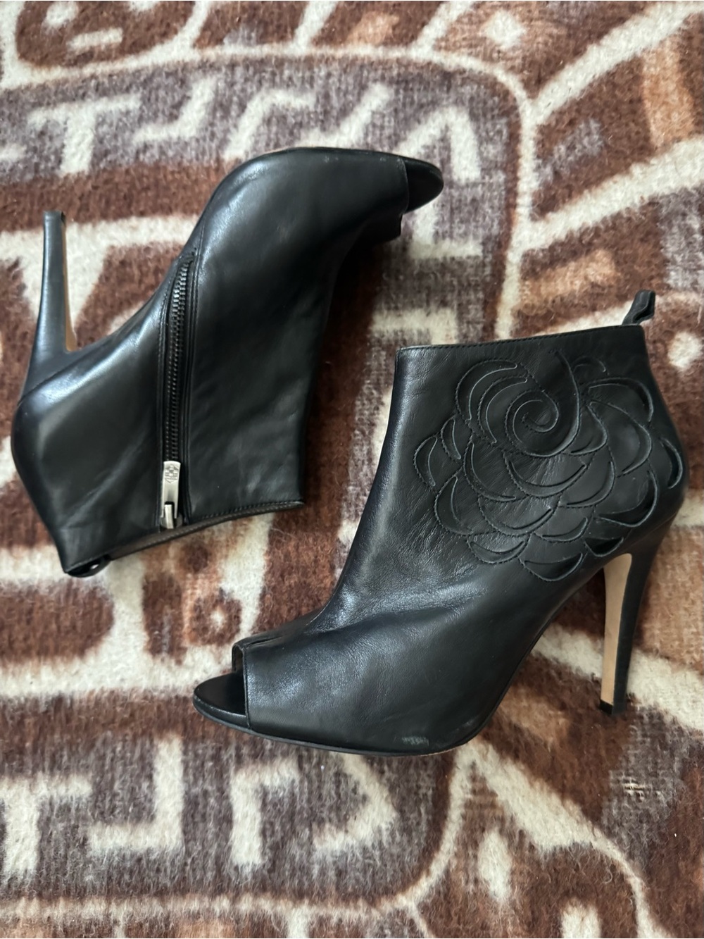 Vince Camuto Black 4” Peep-Toe Leather Ankle Boots with Carved Floral Stitching